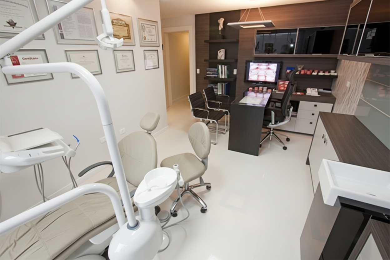 Consultório com equipamentos modernos e certificados na parede