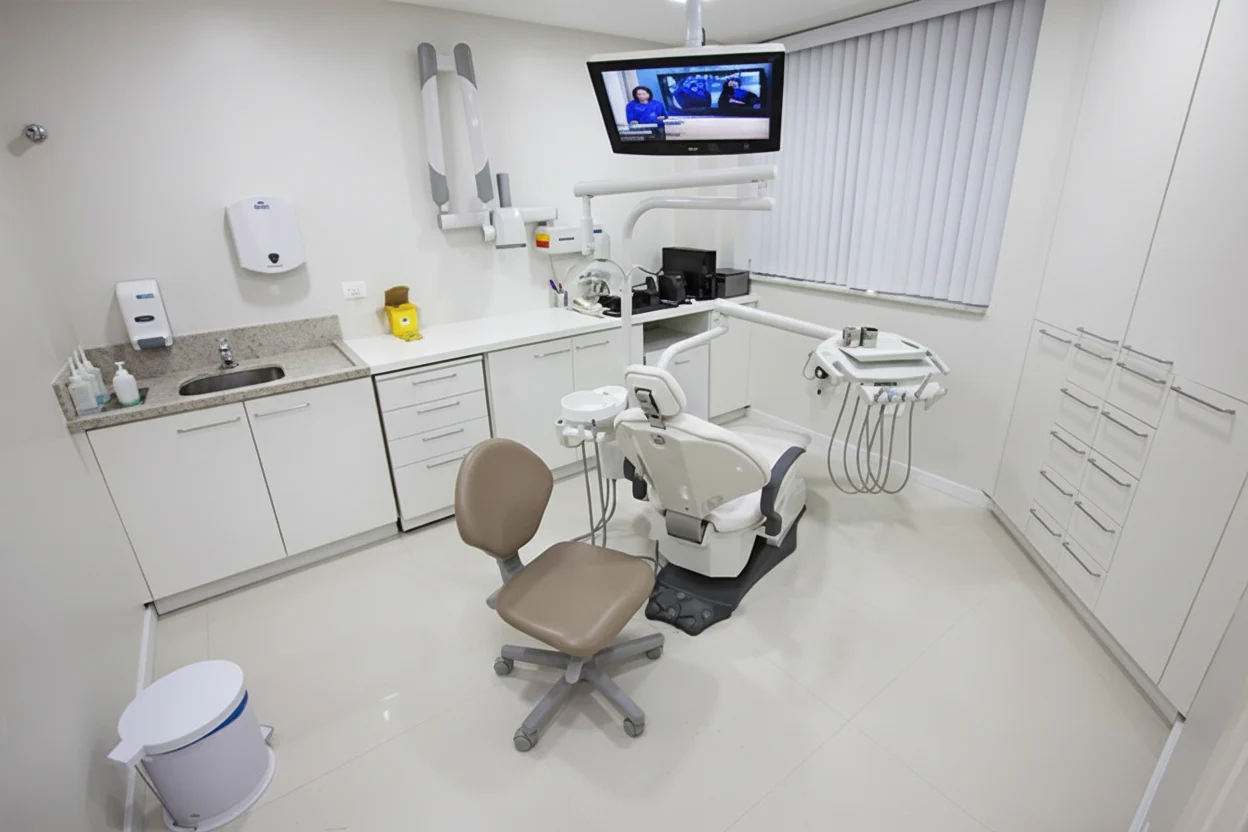 Sala de atendimento com cadeira odontológica e equipamentos de última geração